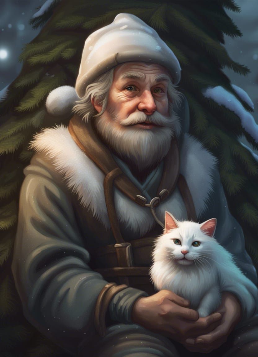 Gnome Stroking Cat in Snowy Dusk: Photorealistic Portrait