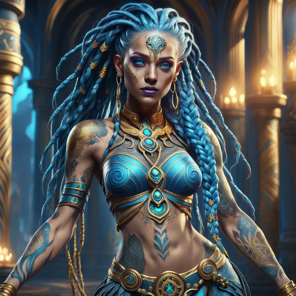 Golden Blue Girl with Braids in Fantasy Art