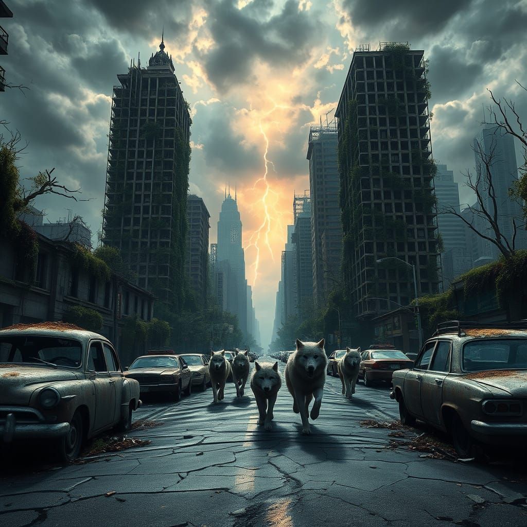Post-Apocalyptic City Reclaimed by Nature in a Dark, Stormy ...