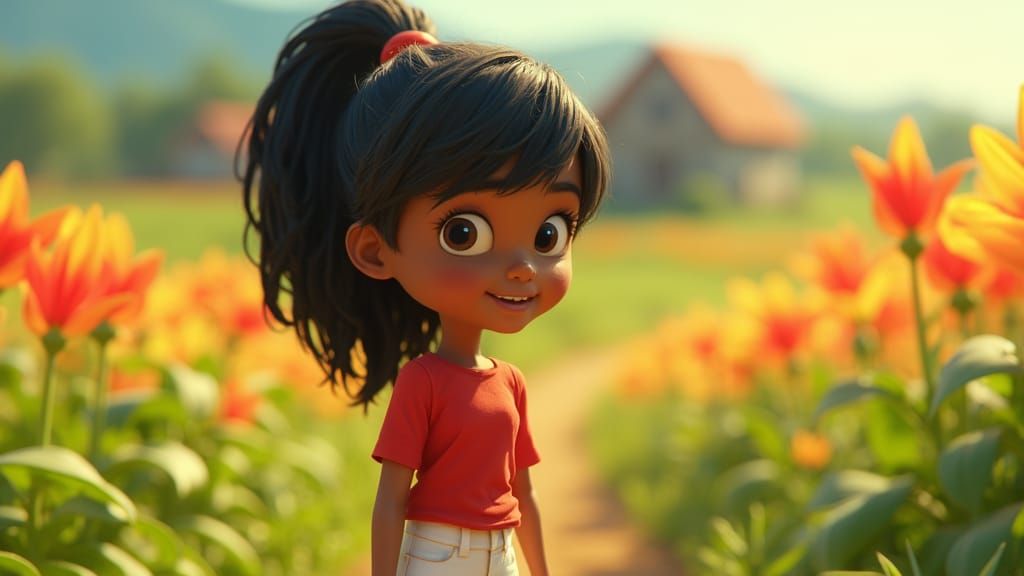 Joyful Ethiopian Farm Girl in Vibrant 3D Pixar Animation Sty...