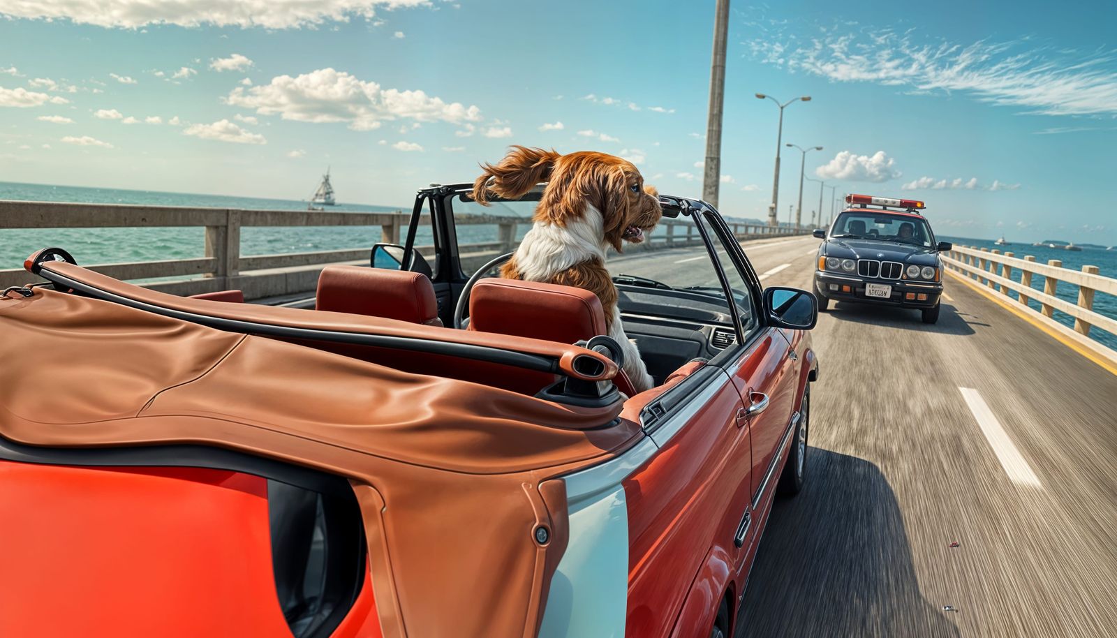 Blenheim Spaniel Drives a Speeding Convertible