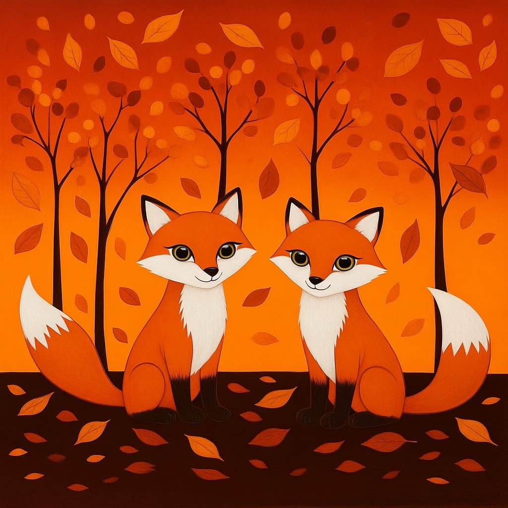 Cute Foxes Play in Autumn Leaves Painting