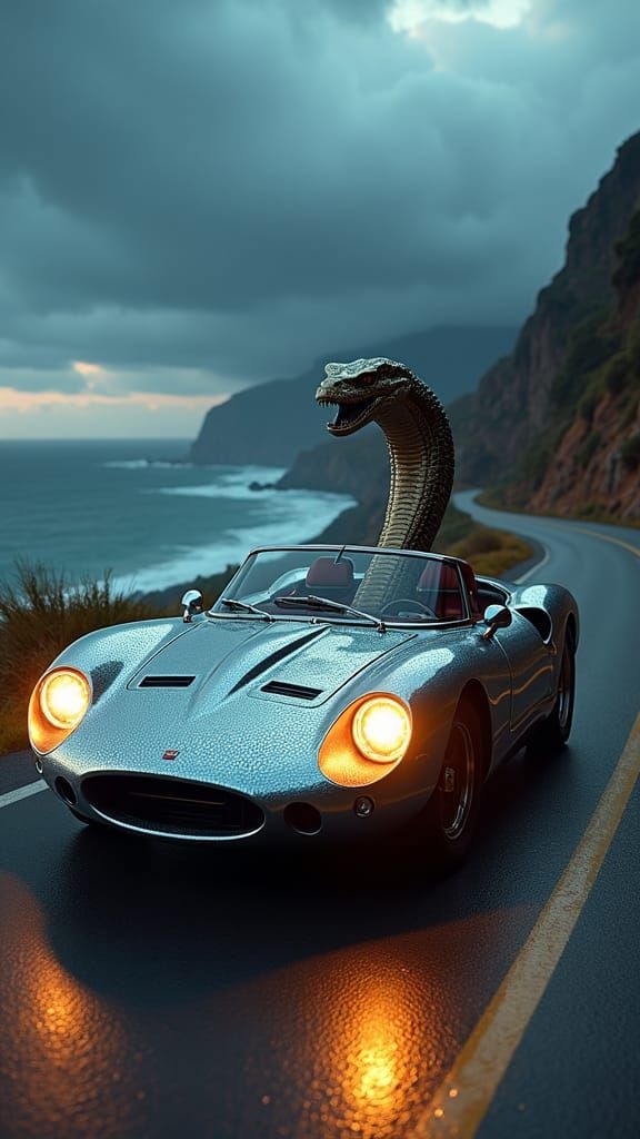 Chrome Snake Car on Coastal Road, Detailed Matte Painting