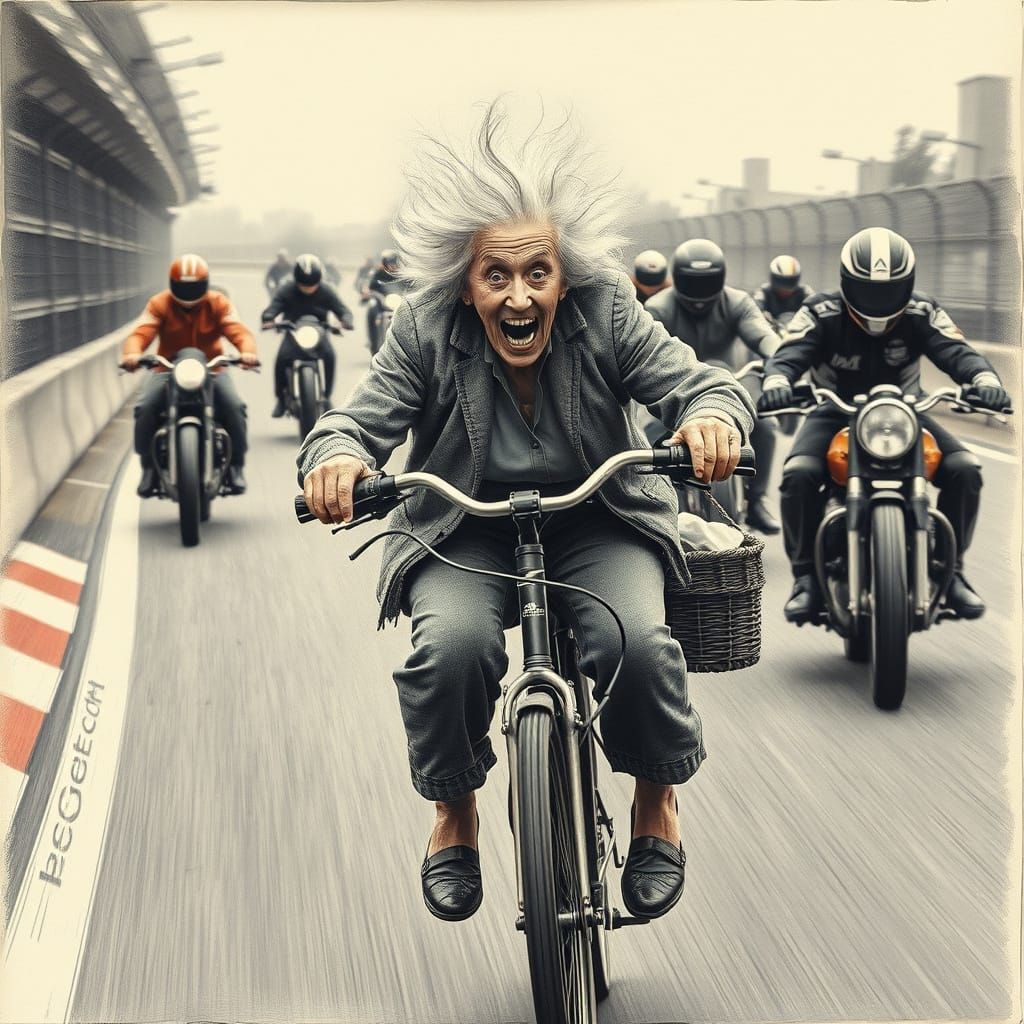 Humorous Elderly Woman Bicycle Race in Charcoal Style