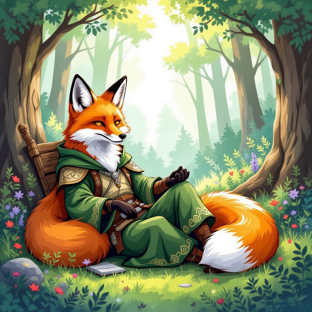 Relaxed Fox Druid in Forest Clearing