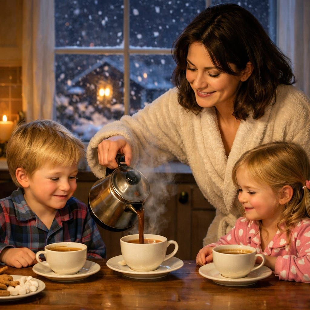 Cozy Winter Evening: Mom Pours Cocoa For Children