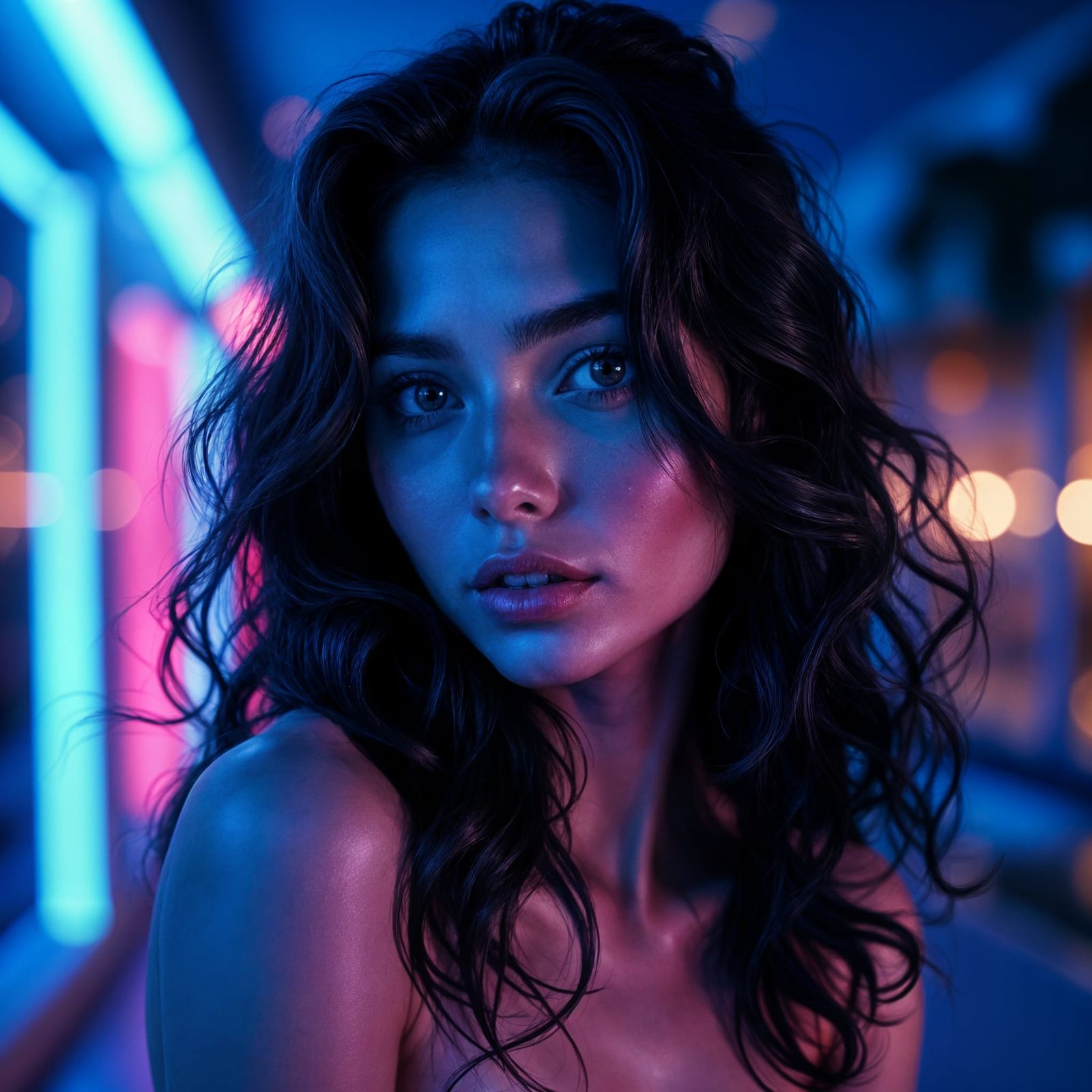 Glamorous Digital Portrait of a Woman in Neon Light