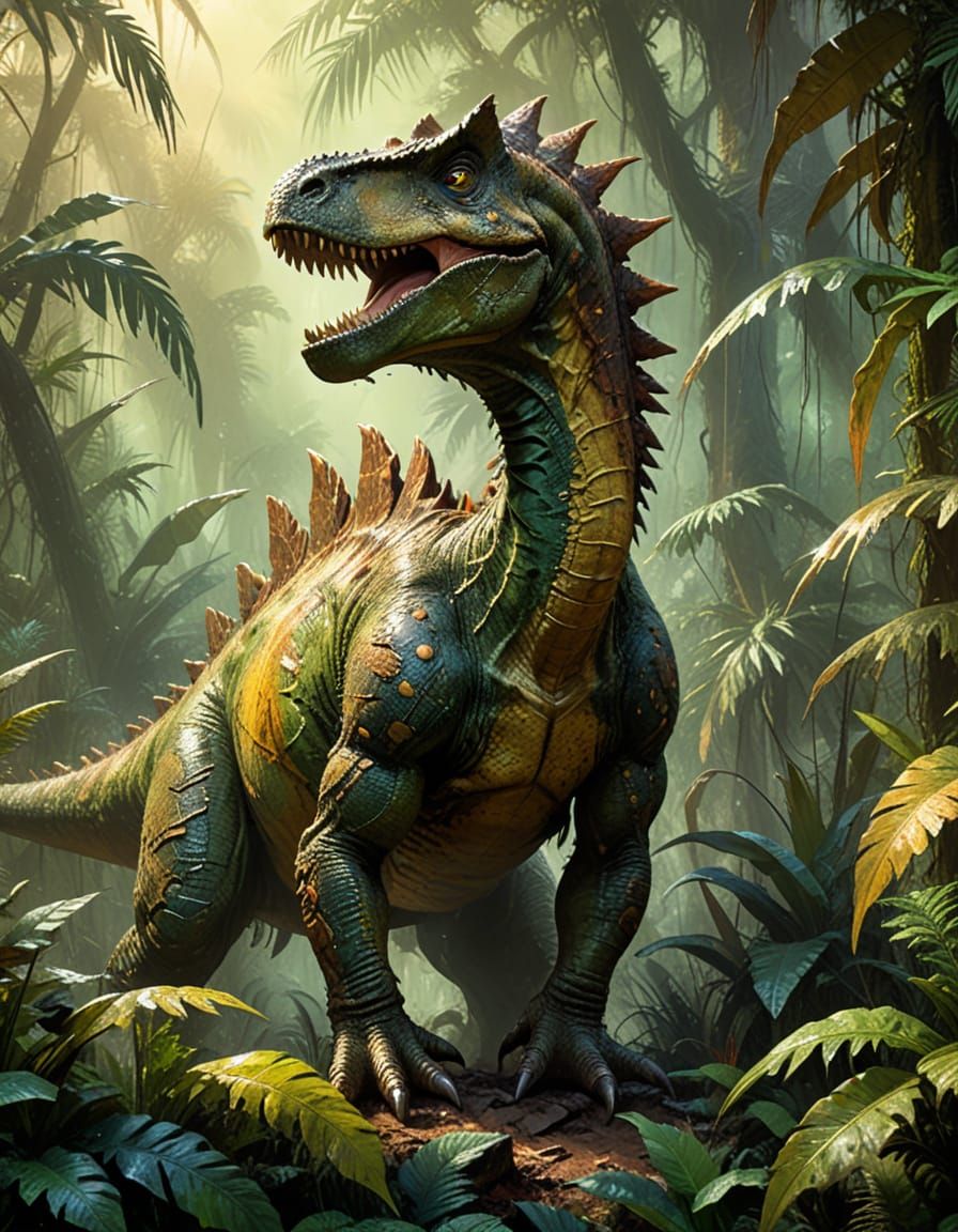 Green Dinosaur in Jungle, Abstract Expressionist Concept Art