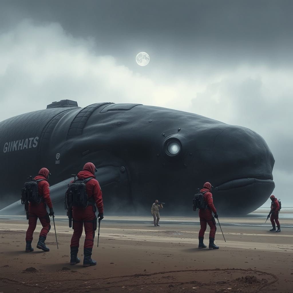 Operatives Examine Black Creature on Shore