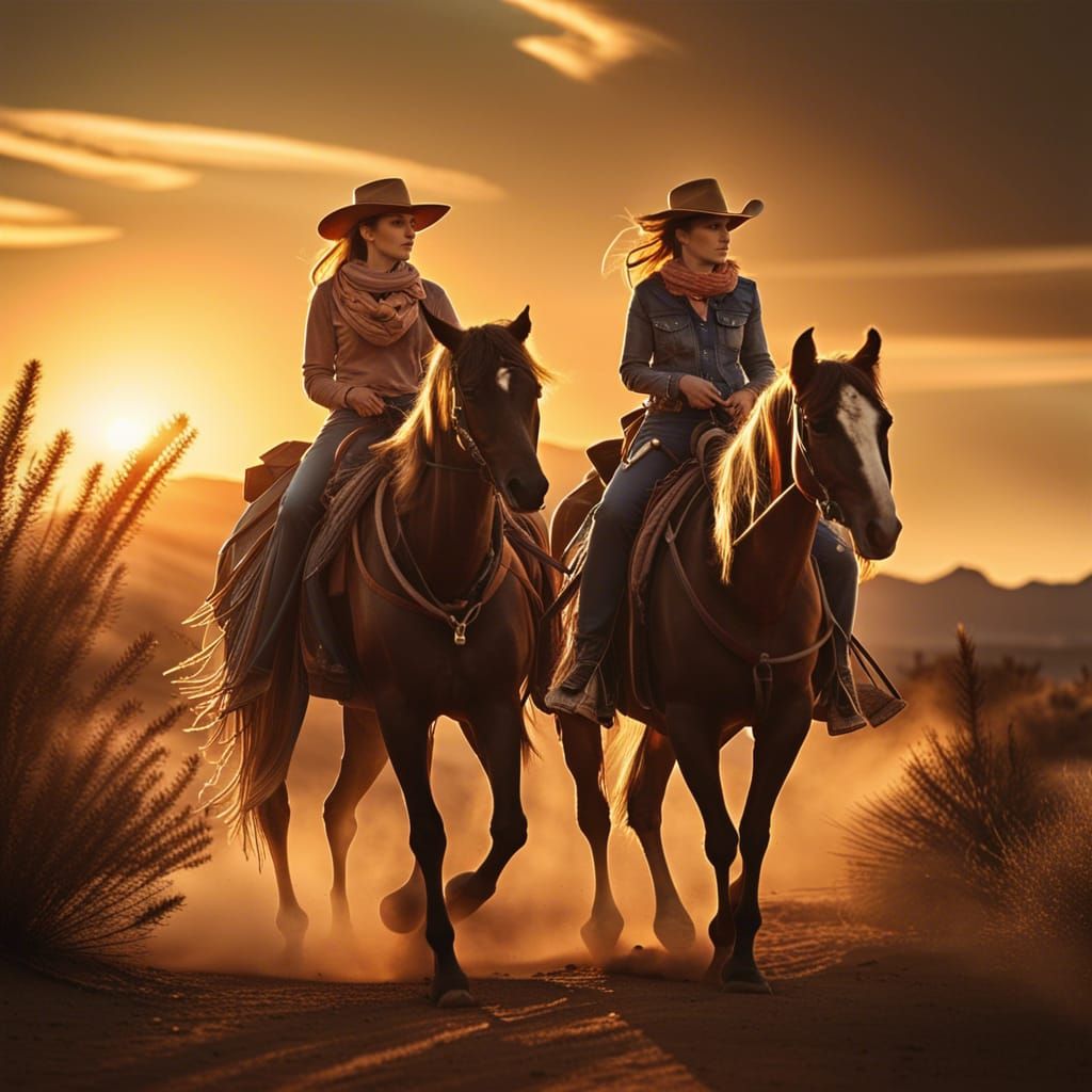Cowboy and Cowgirl Ride into Desert Sunset