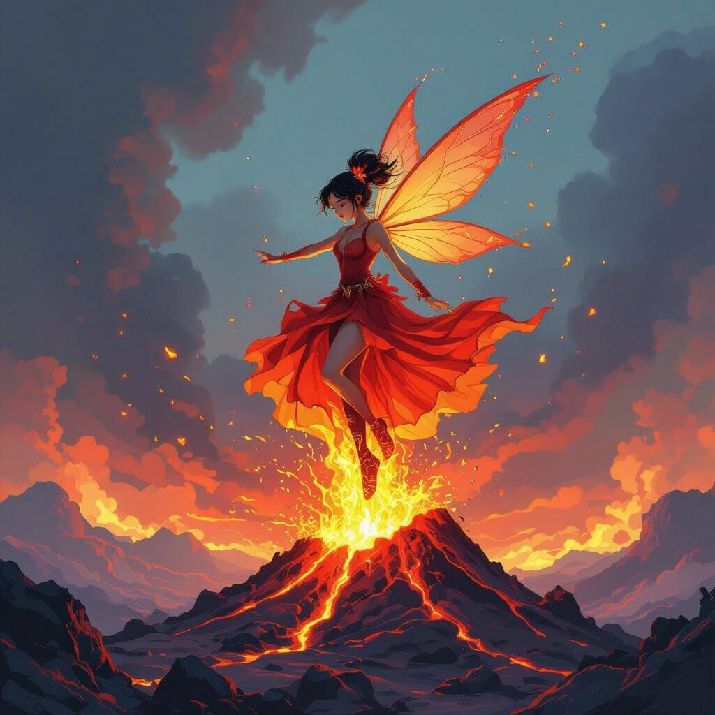 Fire Fairy Swinging Over Volcano, Animated Fantasy Art