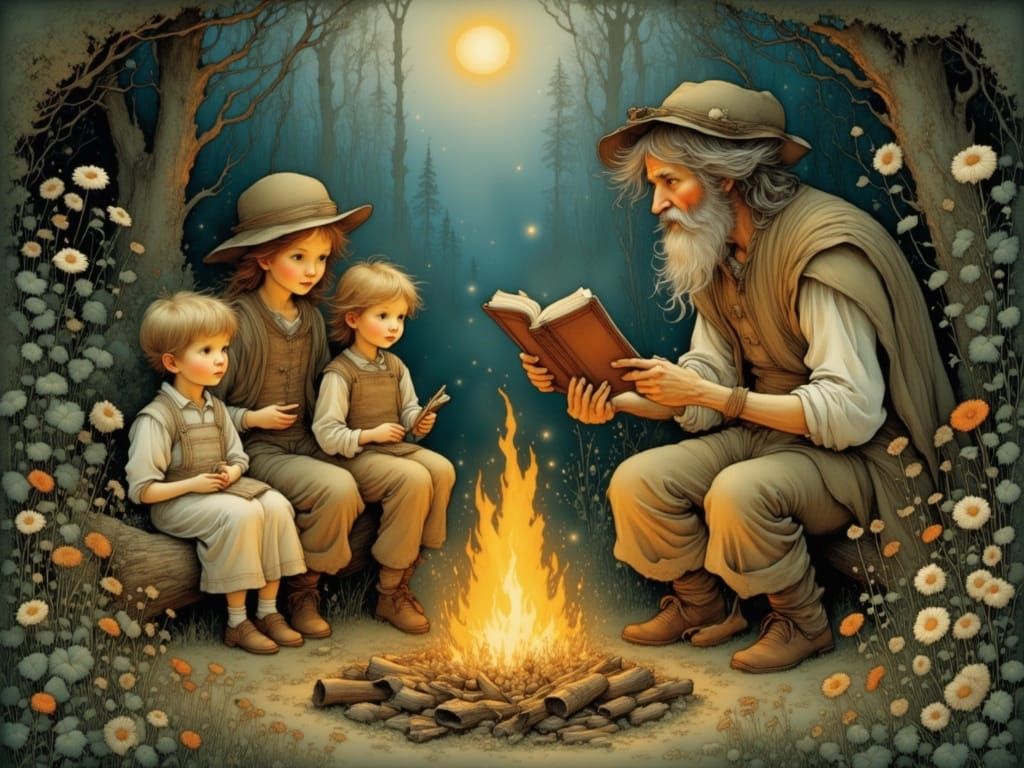 Ancient Shepherd Shares Tales by Campfire on Warm Summer Nig...