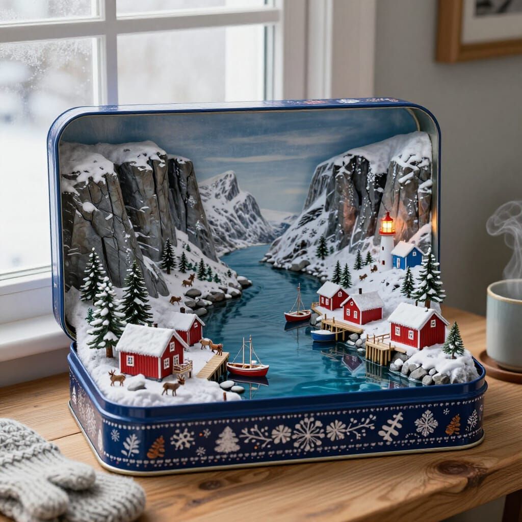 Diorama of Nordic Fjord Village Inside Hand-Painted Tin