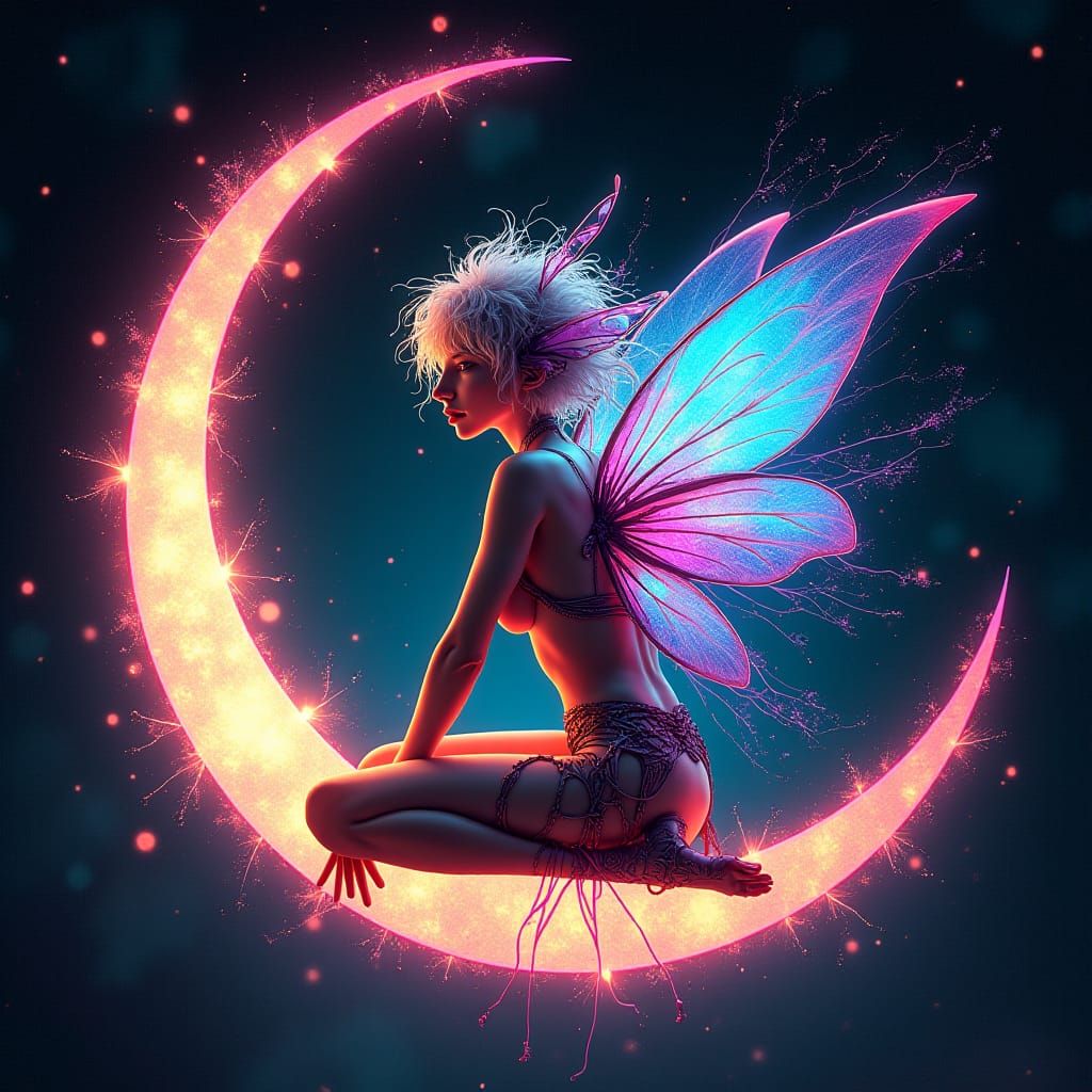 Cyber Fae on Crescent Moon in Cyberpunk Style