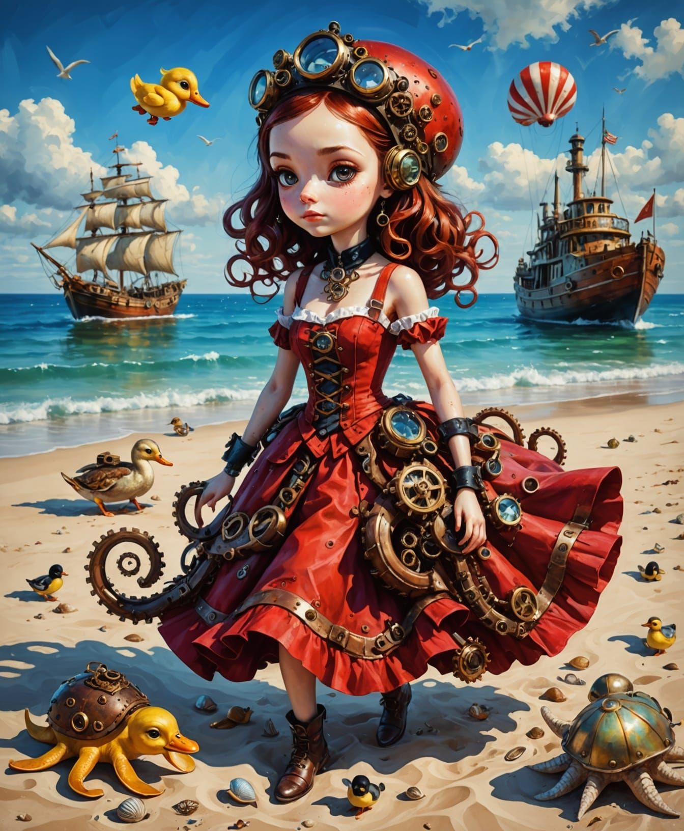 Steampunk Beachside Octopus in a Red Dress