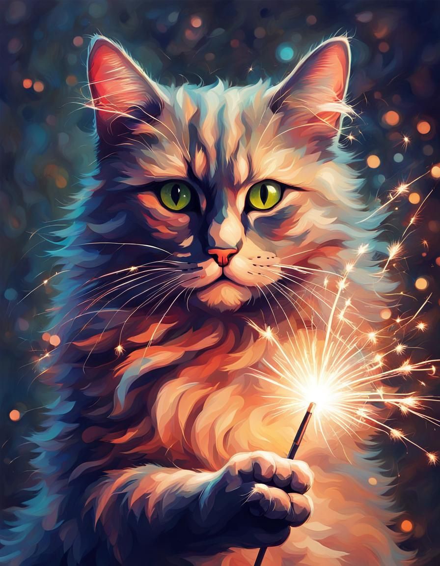 Beautiful Cat Holds Sparkler in Abstract Art Style