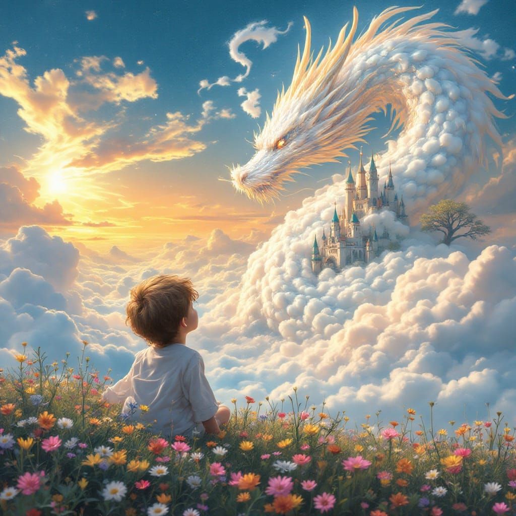 Whimsical Child Gazing at Surreal Cloud Landscape in Vibrant...