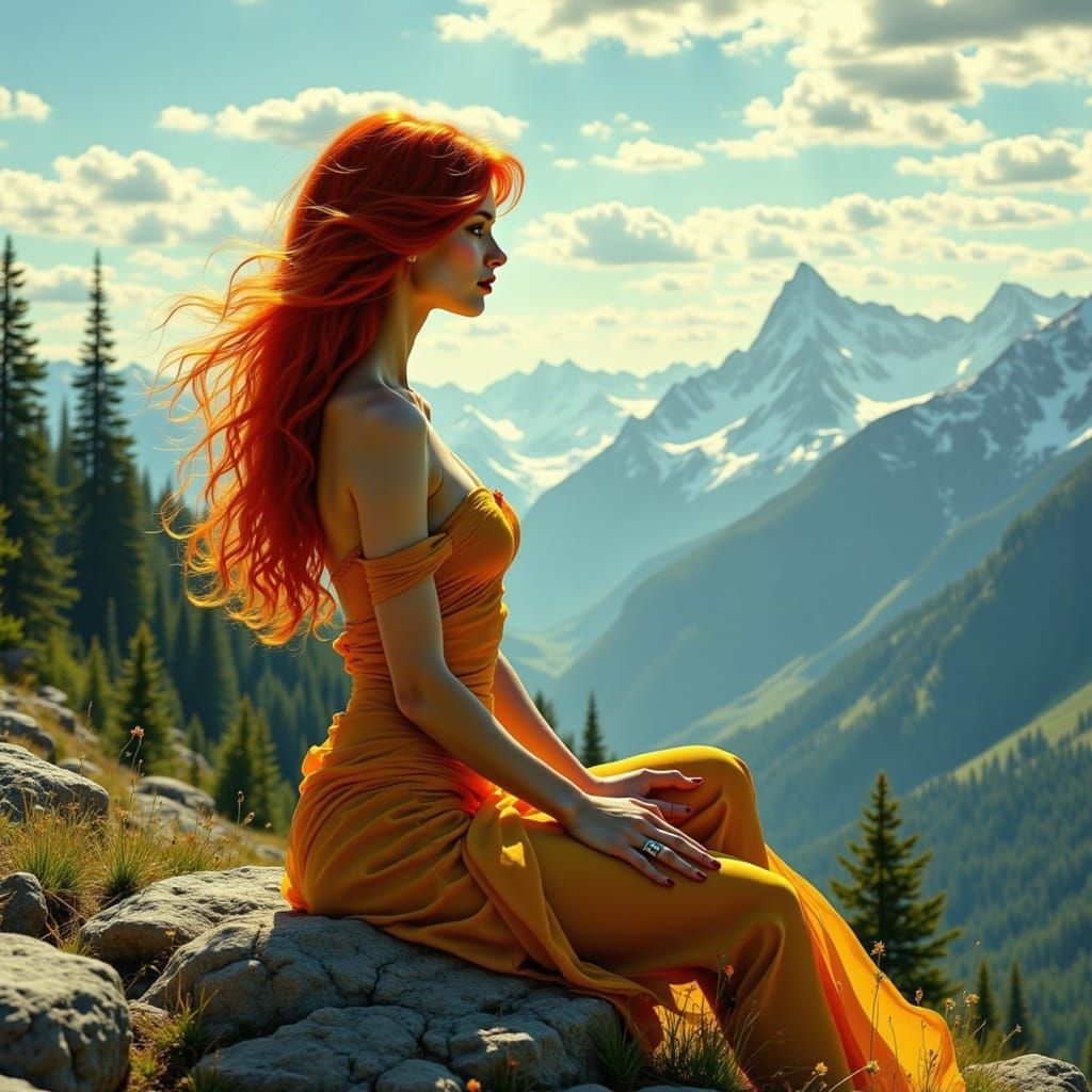 Elegant Red-Haired Woman in Majestic Mountain Landscape