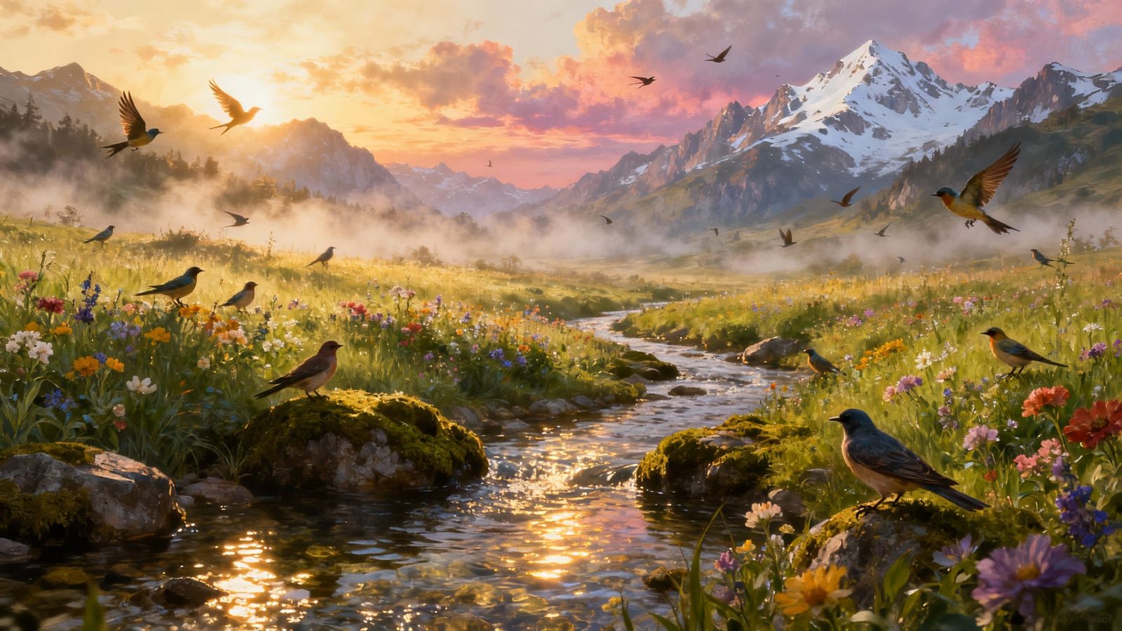 Fantasy Valley Sunrise with Snowy Peaks