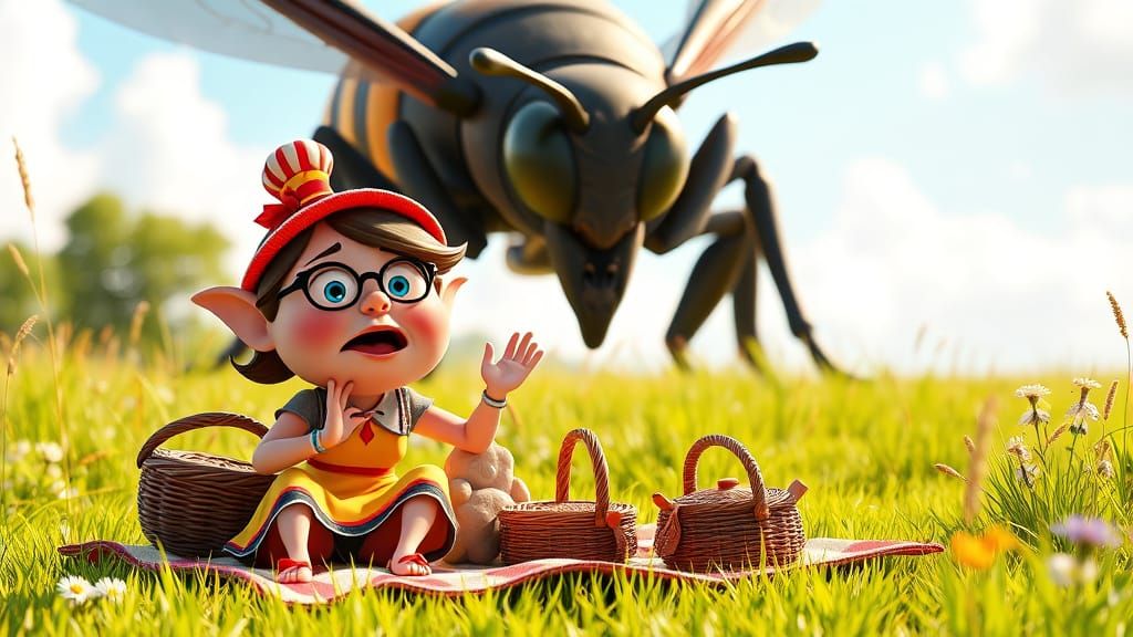 Terrified Teapot Couple Fleeing Giant Hornet in Meadow