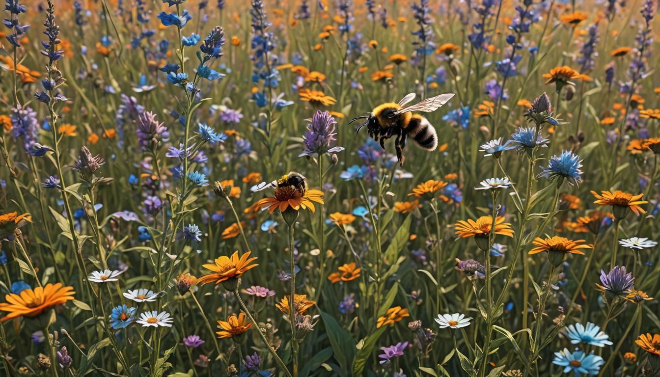 Bumblebee in Wildflower Field: Hyperdetailed Concept Art