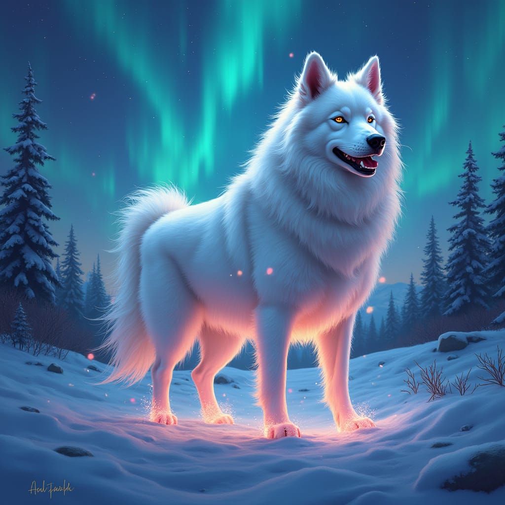 Samoyed Dog Surrounded by Swirling Northern Lights