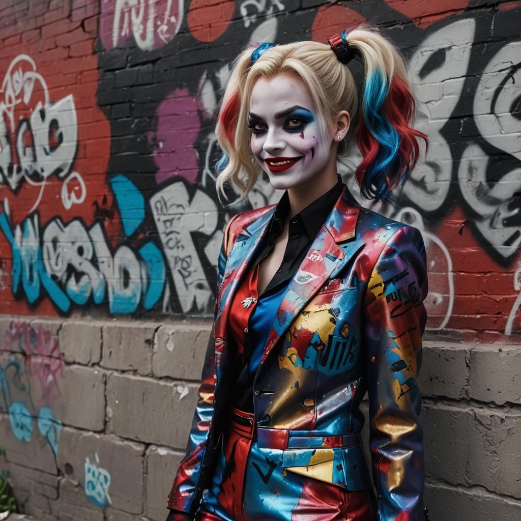 Harley Quinn Maniacal Smile in Cityscape