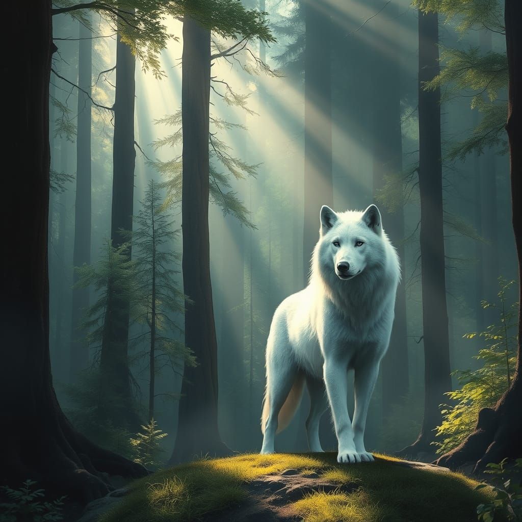 Majestic White Wolf in Ethereal Forest Landscape