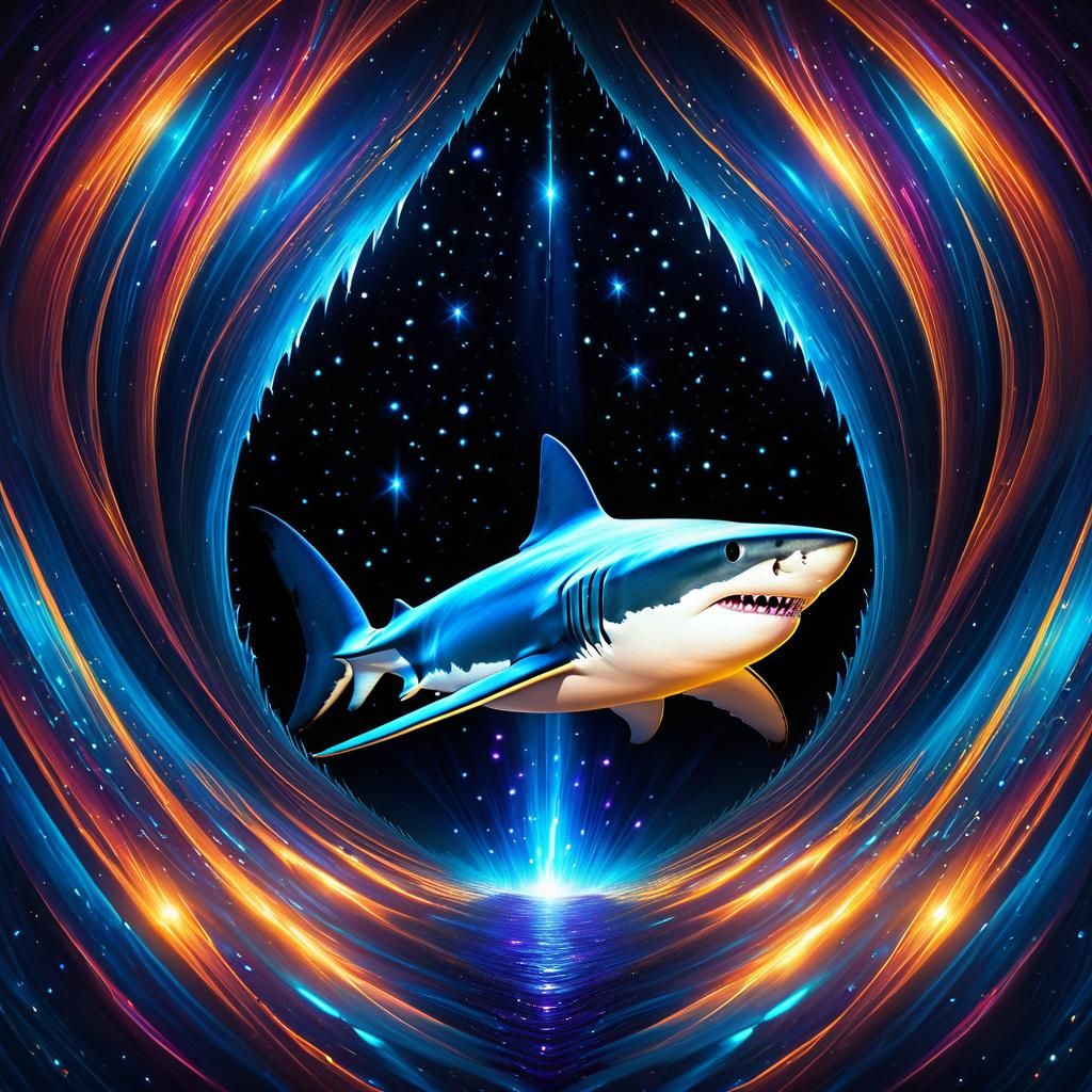 Shark Emerges from Cosmic Rift in Symbolist Style