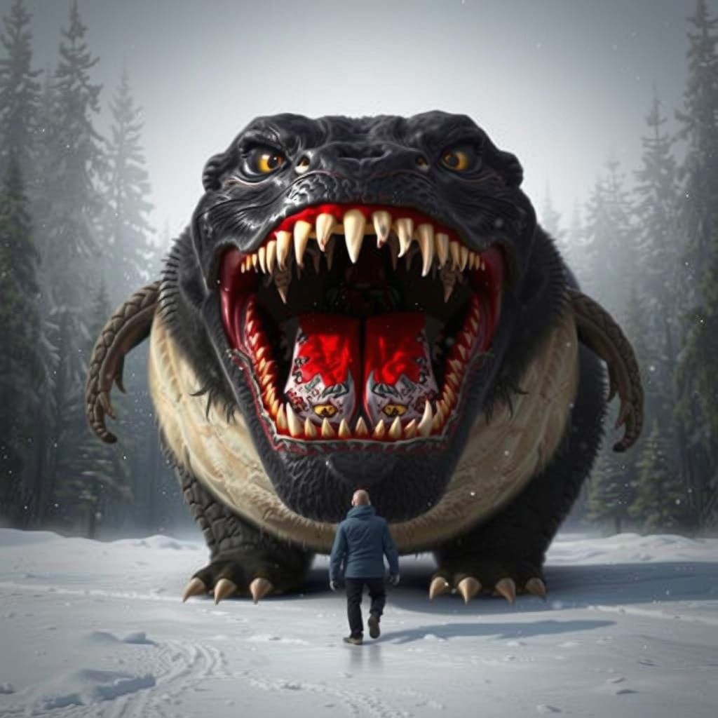 Man Confronts Hybrid Monster in Winter Forest