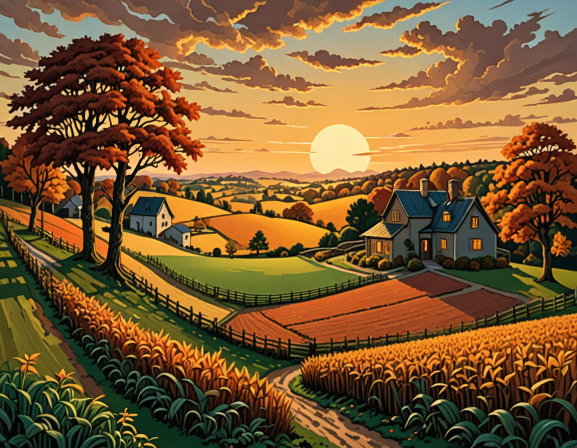 Escher-Inspired Landscape with Farm and Autumn Sunset