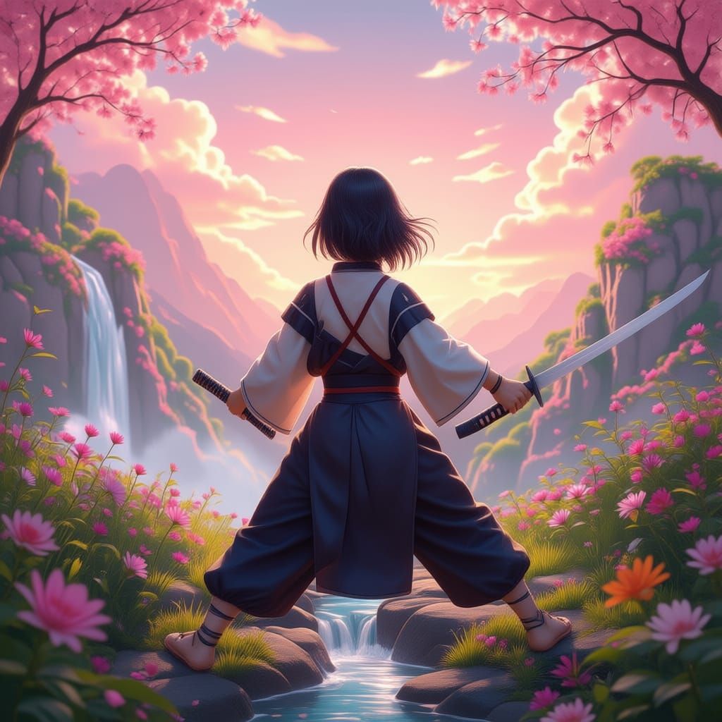 Ethereal Beauty Practicing Martial Arts in Mystical Garden