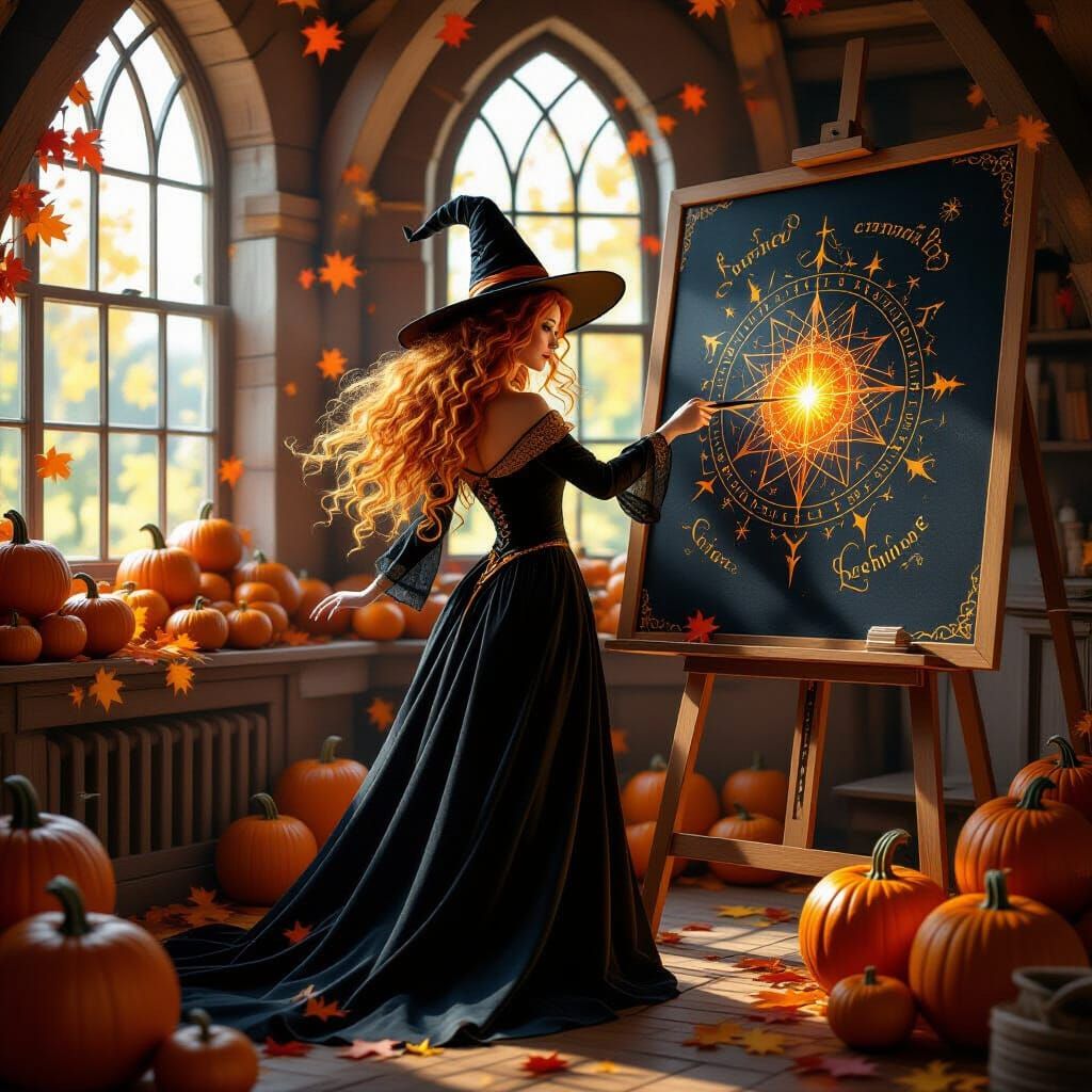 Enchanting Fire-Haired Teacher with Magical Pumpkins