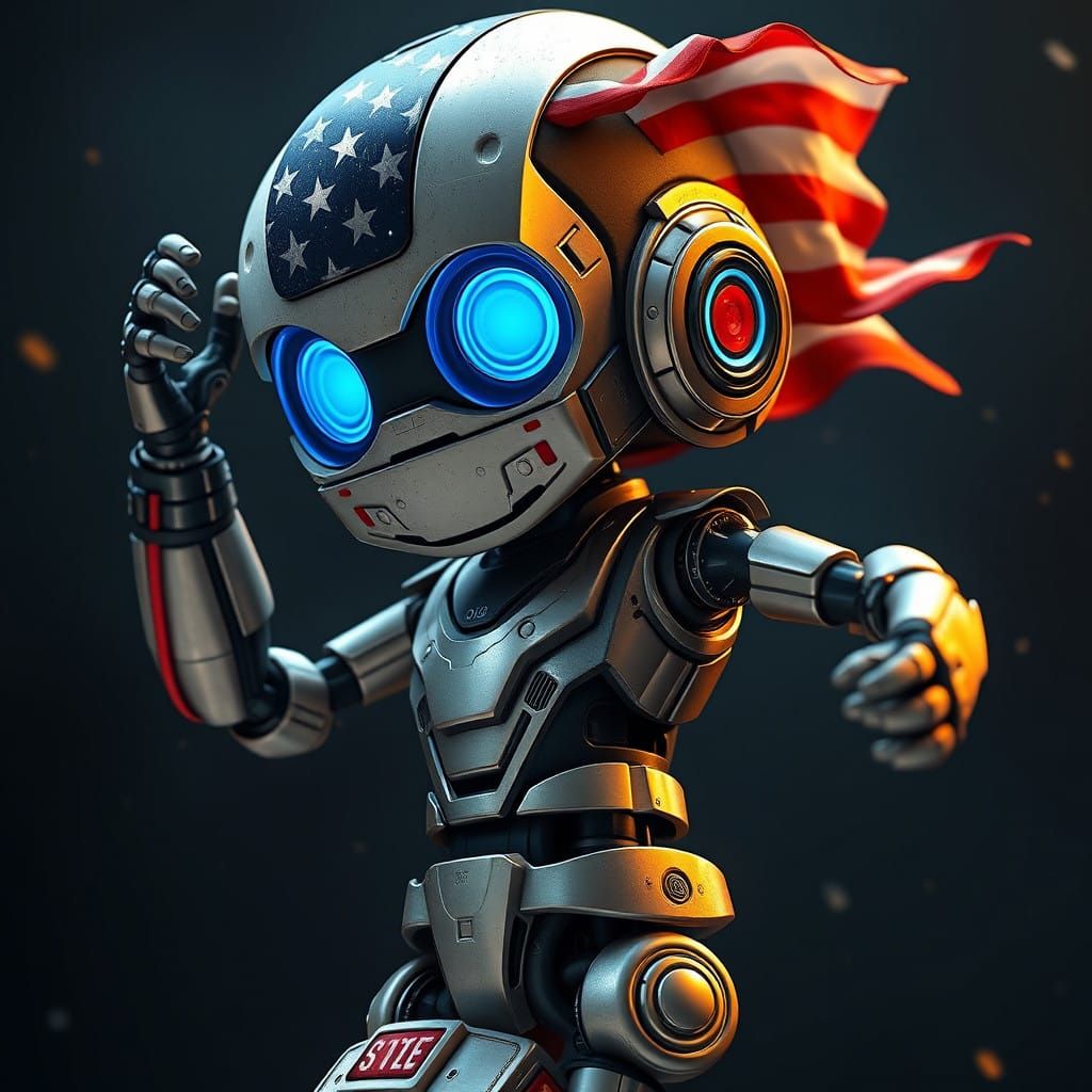 Surreal Robot Dances Under American Flags in a Fantastical L...