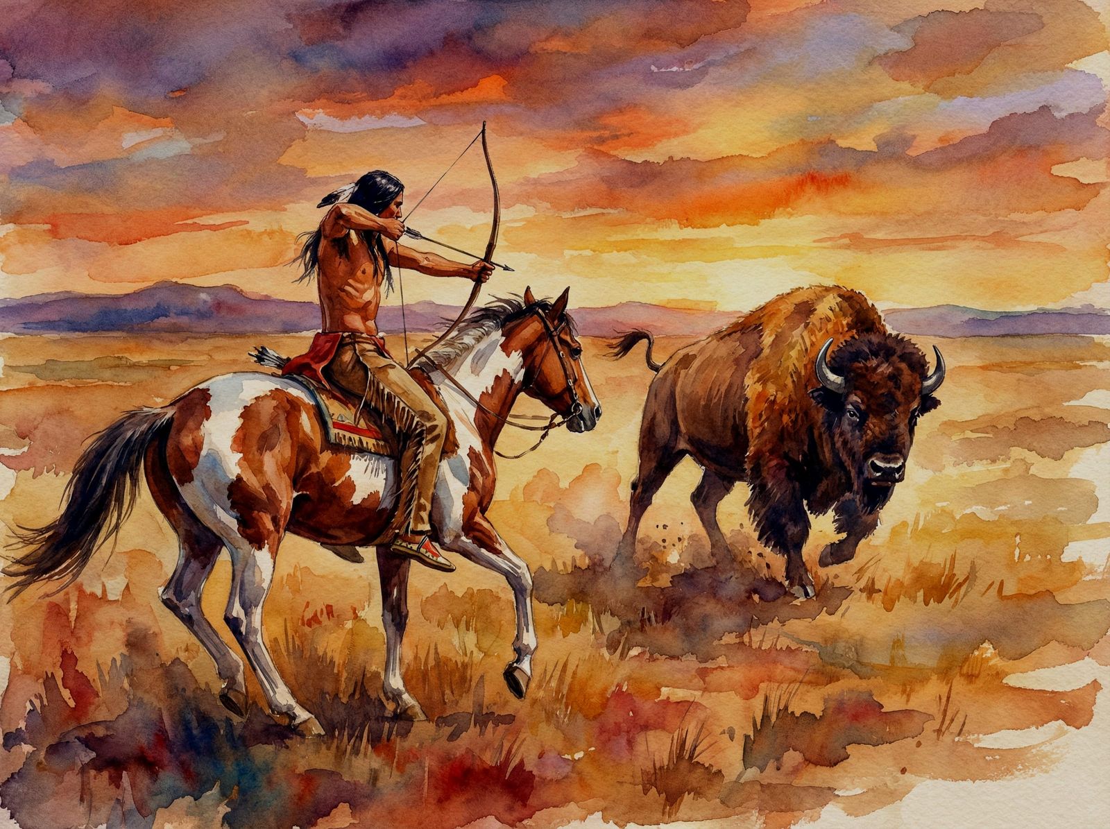 Native American Hunter on Horseback Pursuing Bison at Sunset
