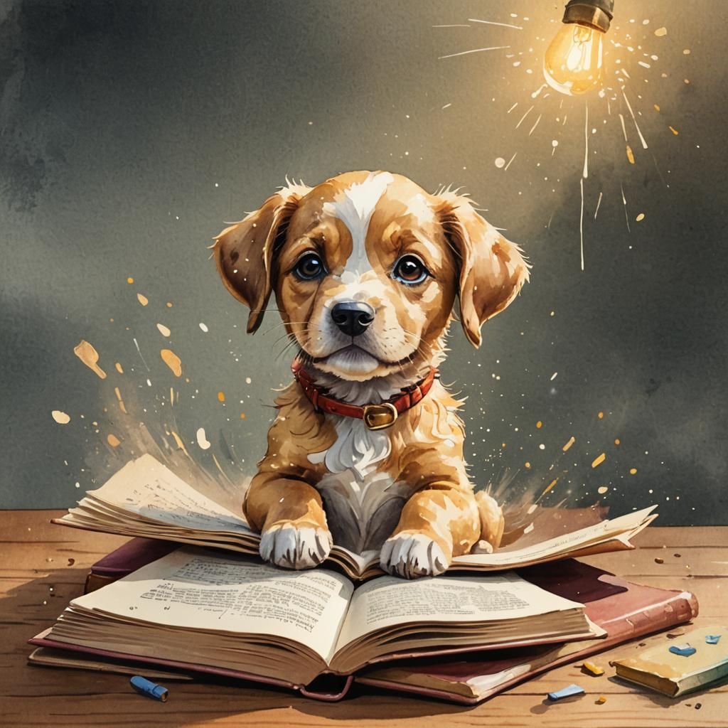 Puppy Emerges from Storybook: Whimsical Illustration