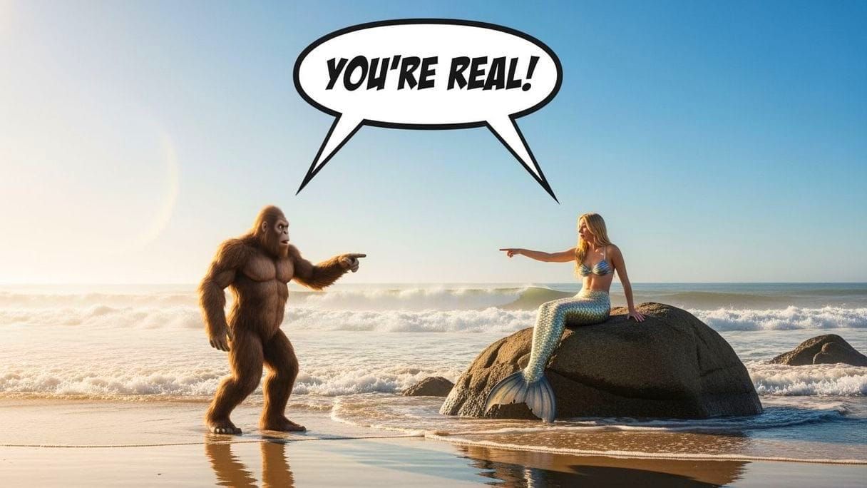 Bigfoot and Mermaid Surprise on Sunny Beach
