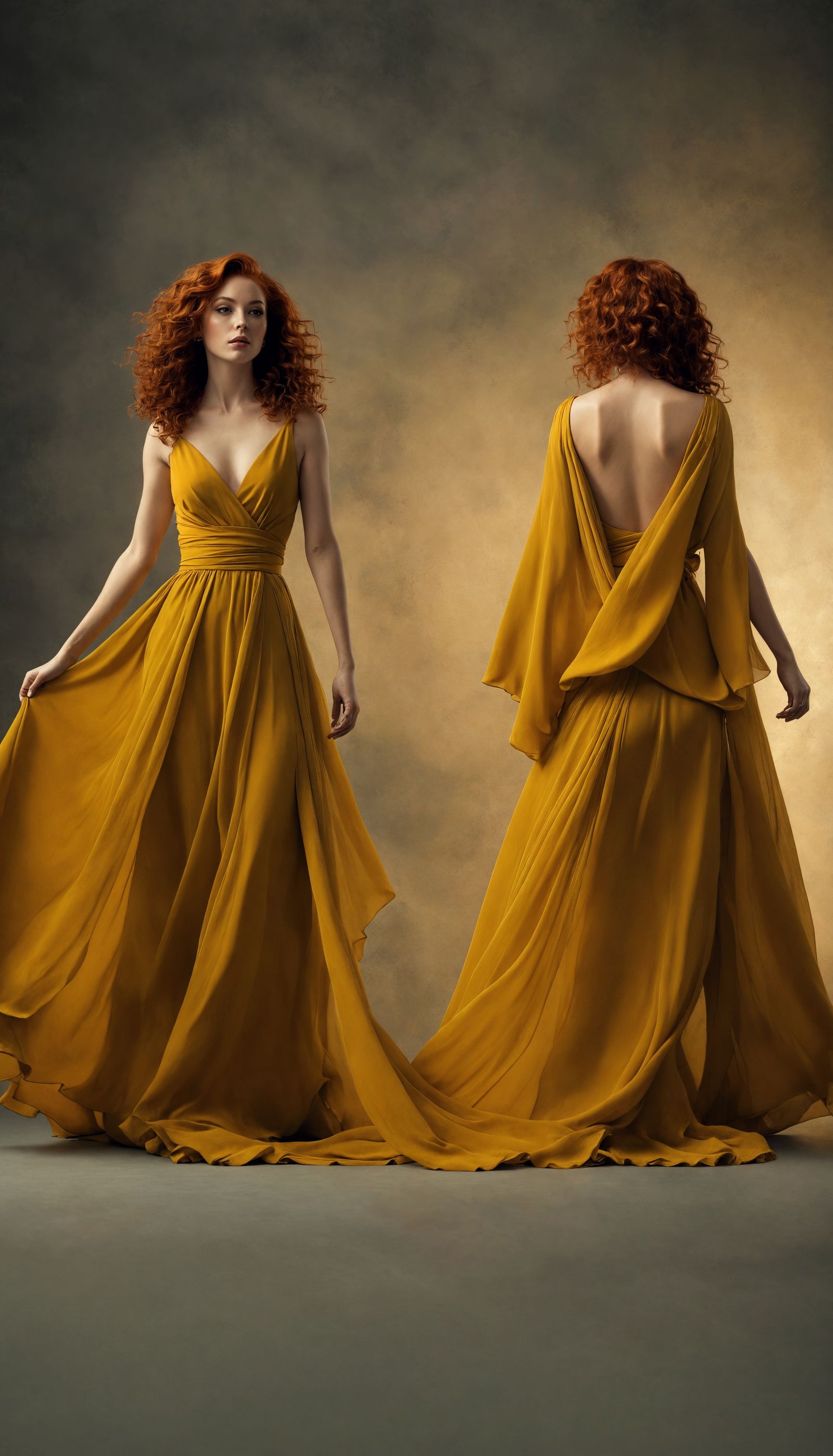 Woman with Red Hair in Flowing Yellow Dress