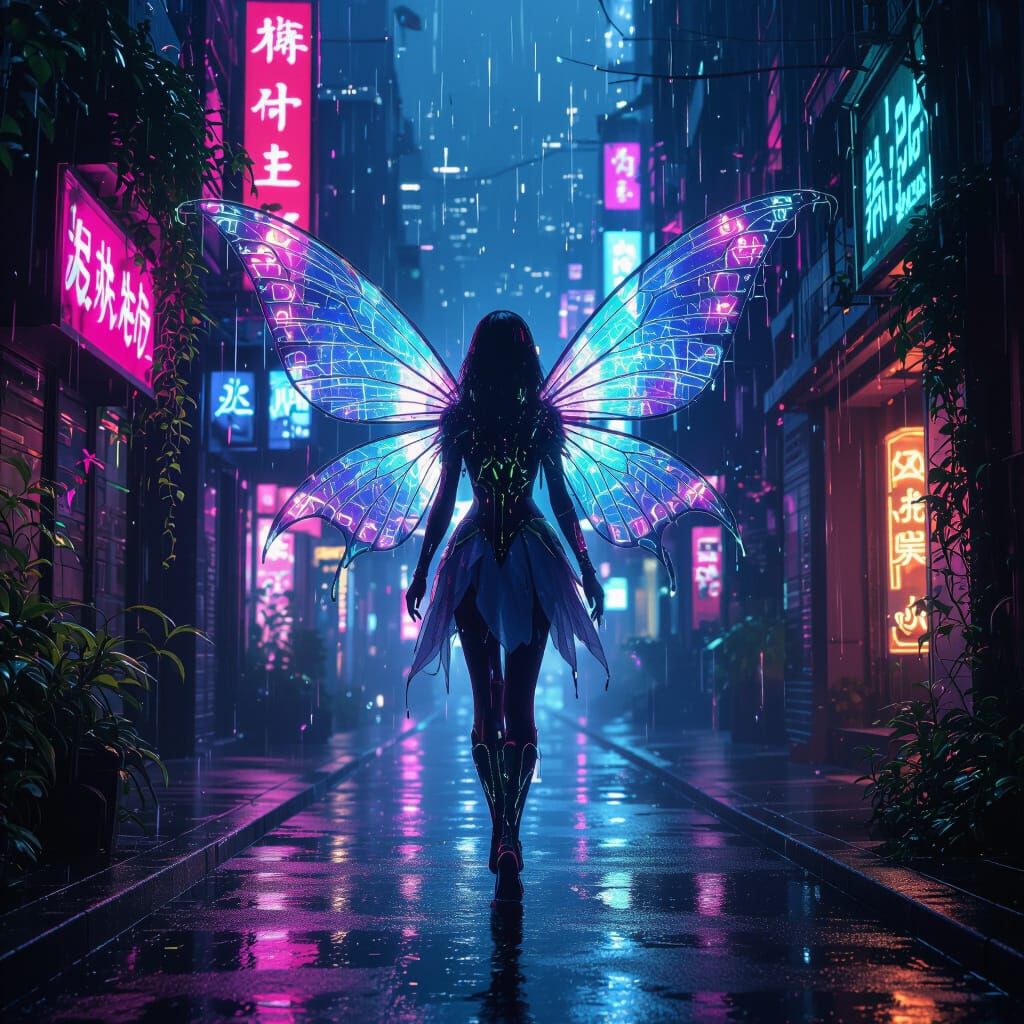 Cyberpunk Fairy in Neon City