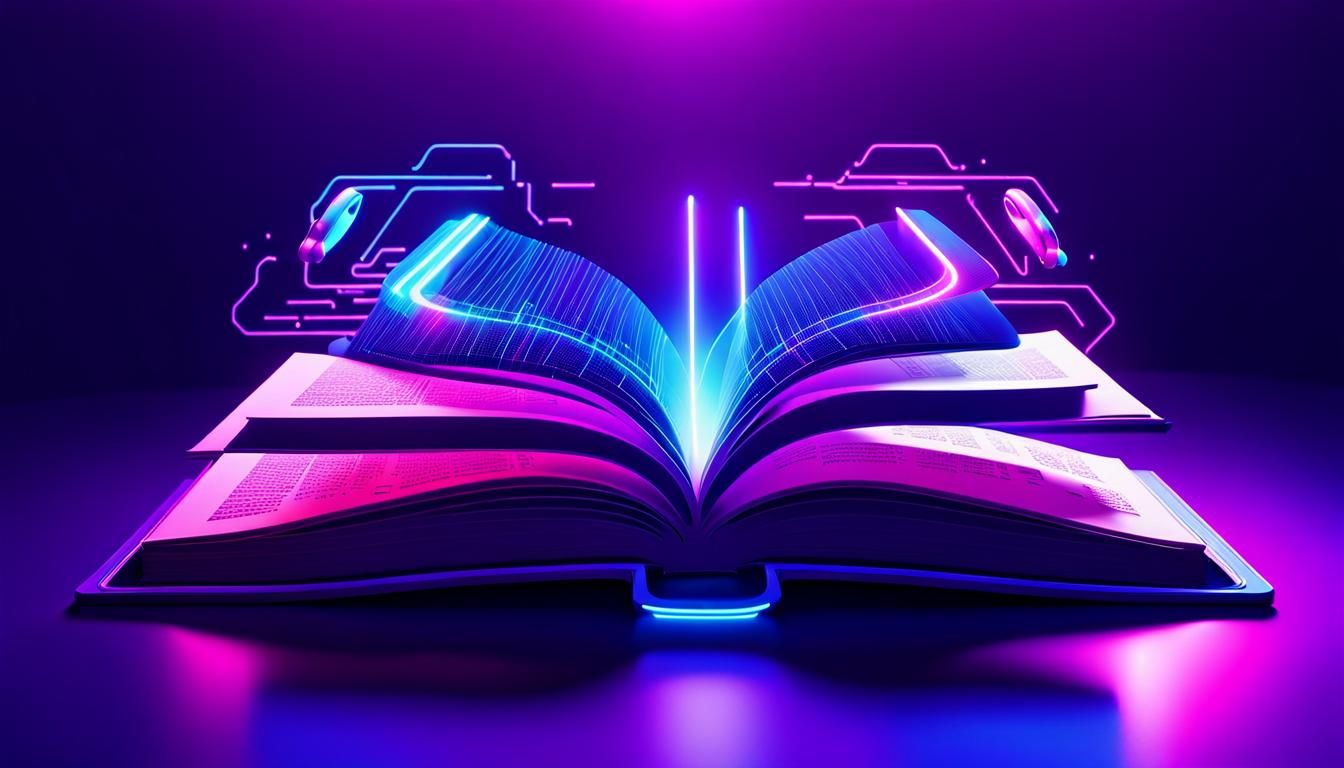 Futuristic Digital Art: Open Book with Glowing Text