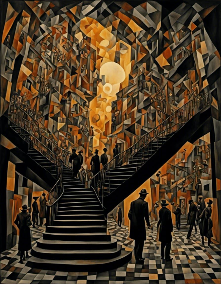 Surreal Upside-Down Staircase with Golden Sky