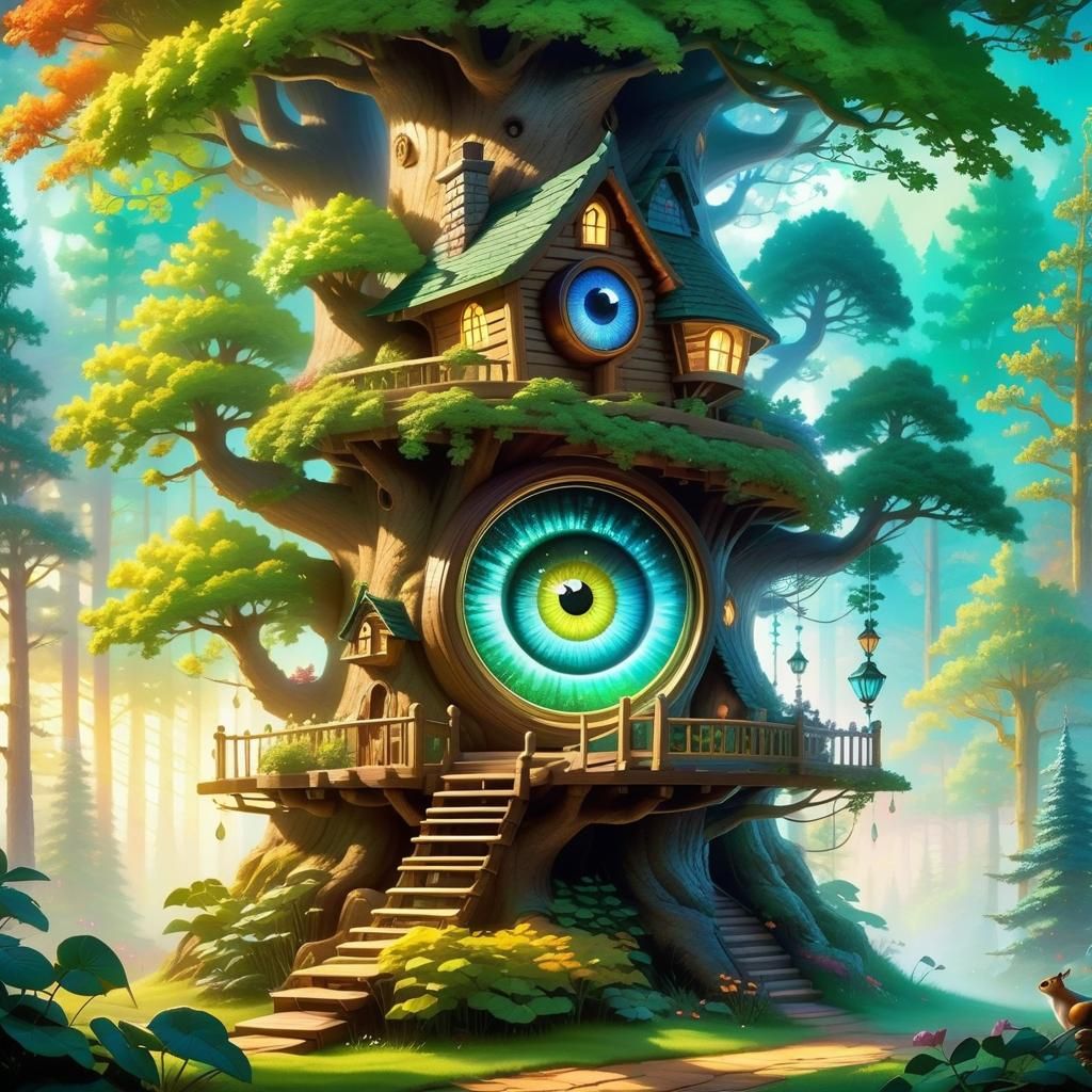 Fabled Treehouse with Squirrel in 3D Digital Art