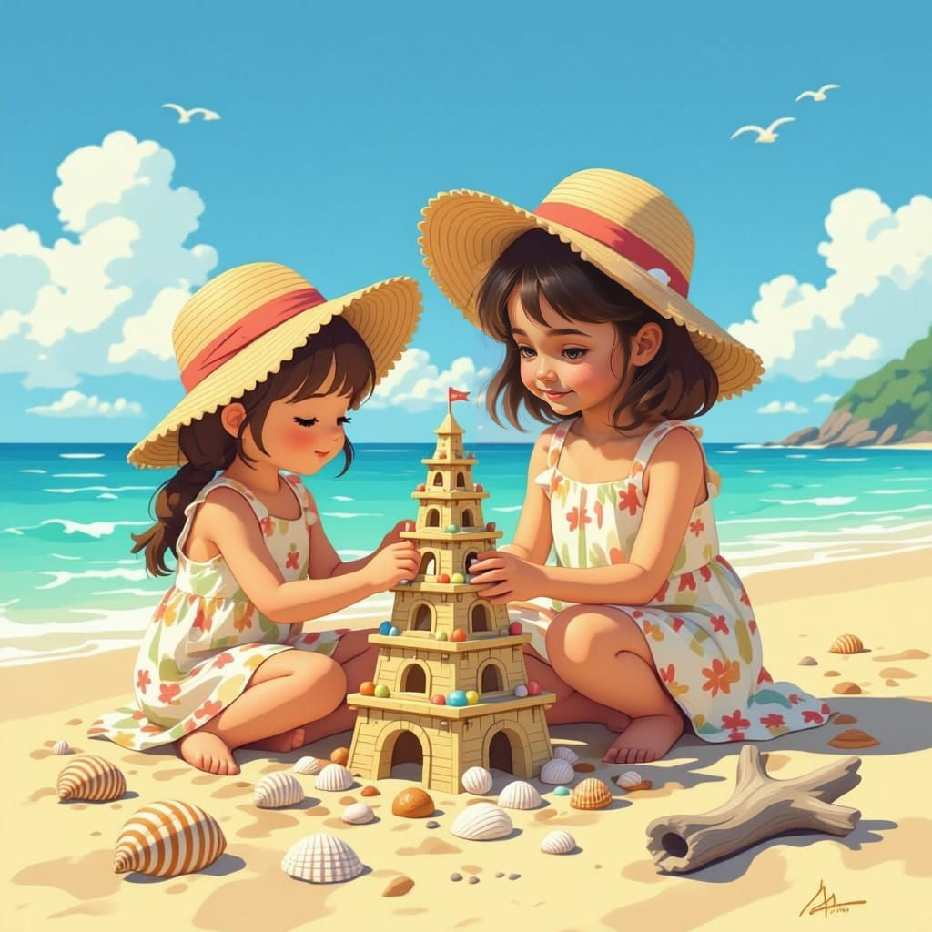 Girl Builds Sandcastle Tower on the Beach