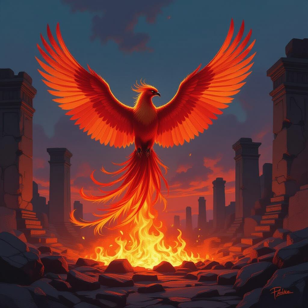Majestic Phoenix Rises From Embers in Fantasy Ruins