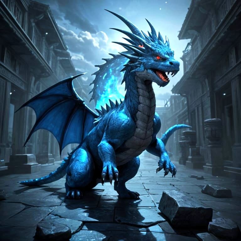 Girl and Blue Fire Dragon in Anime Style