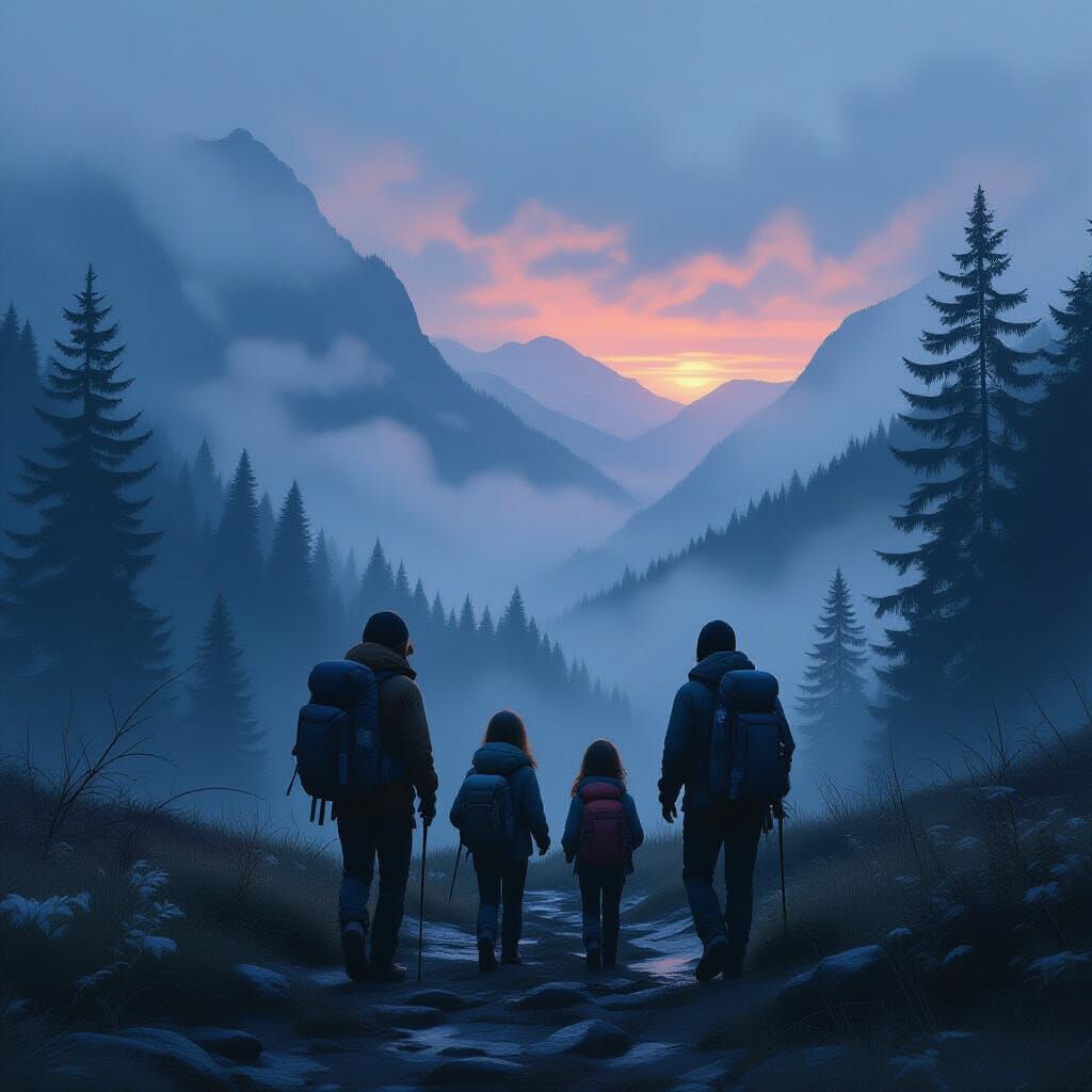 Hikers Enter Misty Valley: Mystical Digital Art