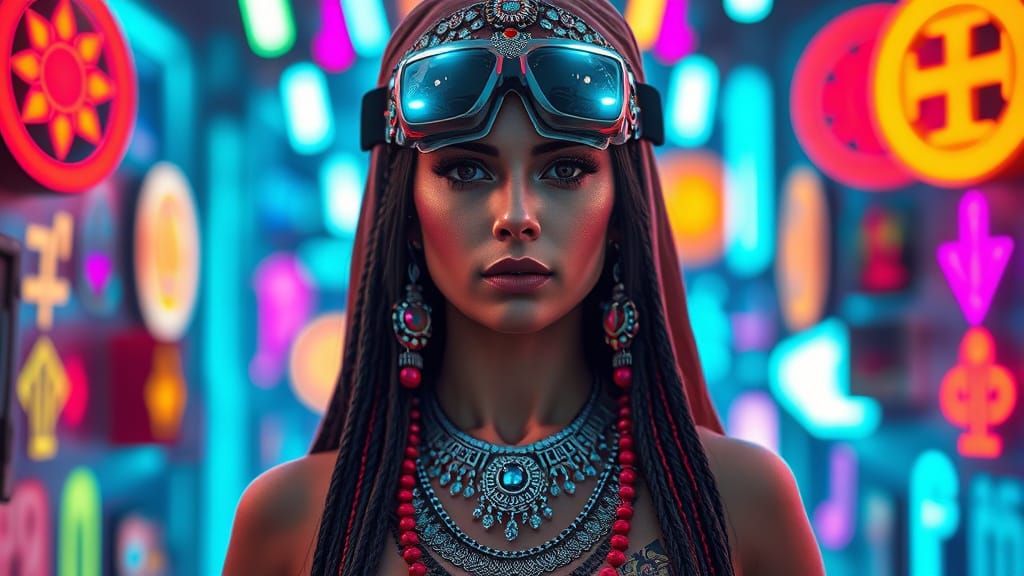 Confident Woman Embodies Ancient Futurism in Neon Cyberpunk ...
