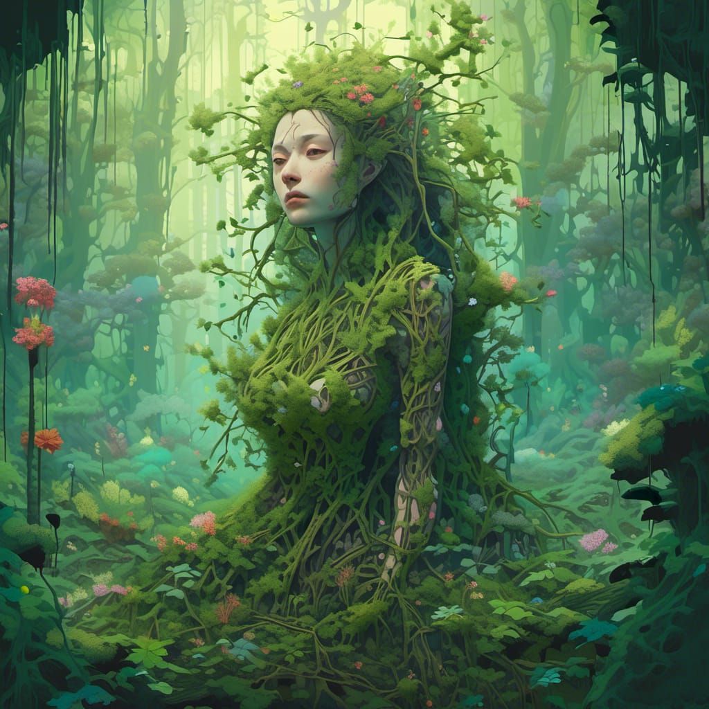 Surreal Dryad in Haunted Forest Collage