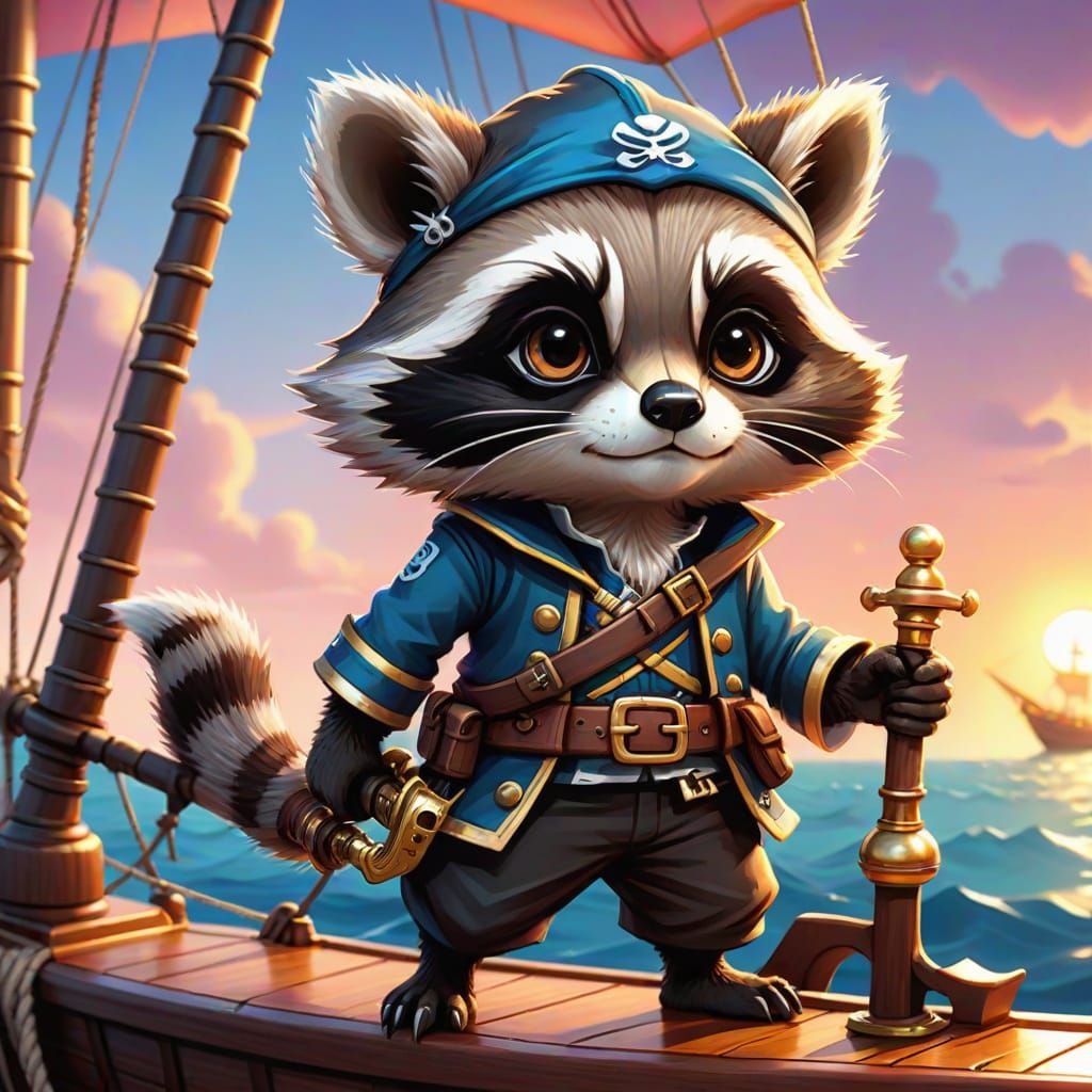 Chibi Raccoon Pirate on a Sailing Ship