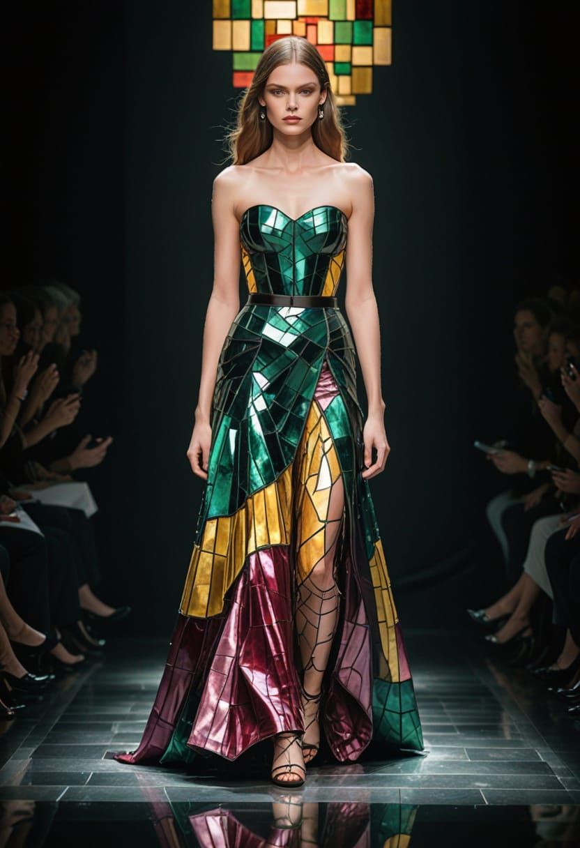 Haute Couture Fashion Model Struts Down Catwalk in Shimmerin...